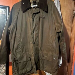Barbour Olive Green Waxed Jacket with Dark Brown Cord Collar